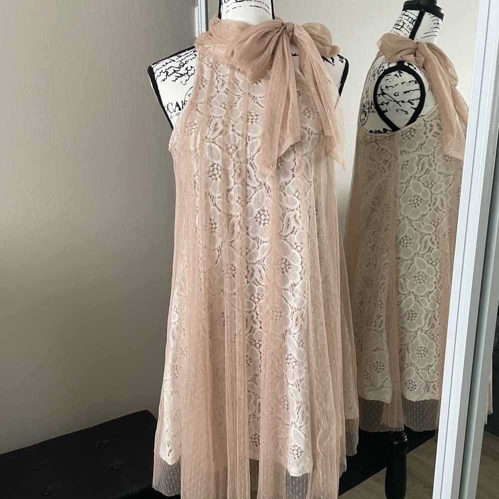 Special Me Up -RYU- Lace Bow Neck Dress - Beige -NWT